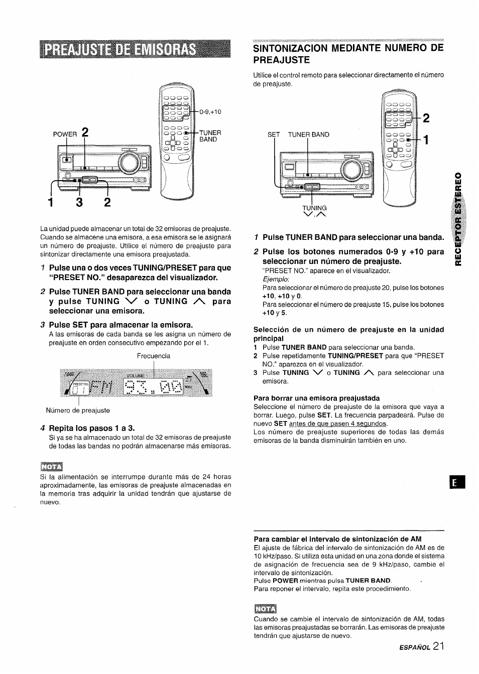 3 pulse set para almacenar la emisora, Sintonizacion mediante numero de preajuste, 1 pulse tuner band para seleccionar una banda | 4 repita los pasos 1 a 3, Para borrar una emisora preajustada, Para cambiar el intervalo de sintonización de am | Aiwa XR-MT1000 User Manual | Page 59 / 116