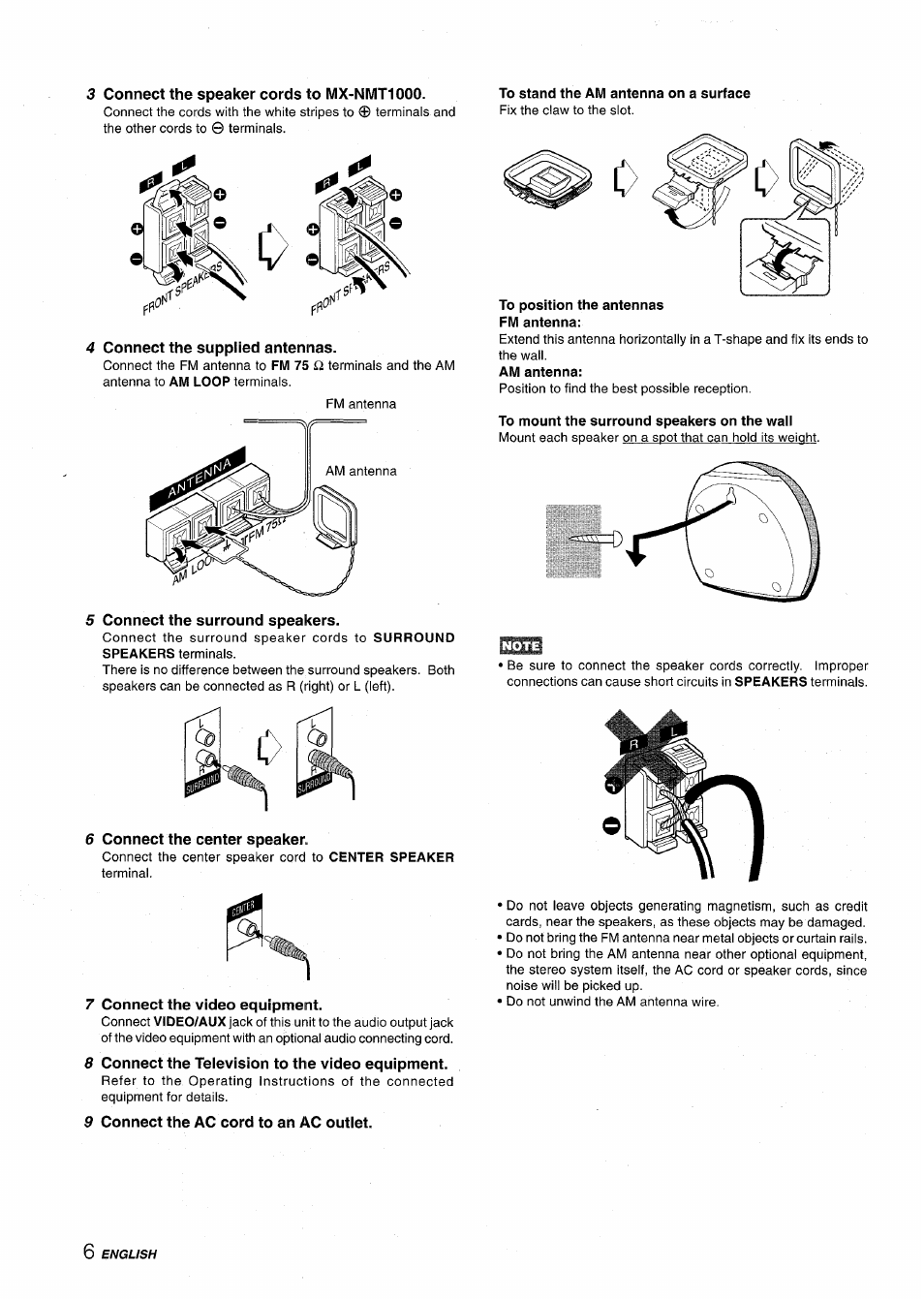 3 connect the speaker cords to mx-nmt1000, To stand the am antenna on a surface, 4 connect the supplied antennas | 5 connect the surround speakers, 6 connect the center speaker, 8 connect the television to the video equipment, 9 connect the ac cord to an ac outlet, Fm antenna | Aiwa XR-MT1000 User Manual | Page 6 / 116