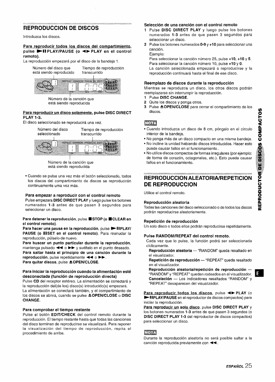 Fteproduccion de discos, Para empezar a reproducir con el control remoto, Para comprobar el tiempo restante | Selección de una canción con el control remoto, Reemplazo de discos durante la reproducción, 1 pulse disc chance, Reproduccion aleatoria/repeticion de reproduccion, Reproducción aleatoria, Repetición de reproducción, Pulse random/repeat del control remoto | Aiwa XR-MT1000 User Manual | Page 63 / 116