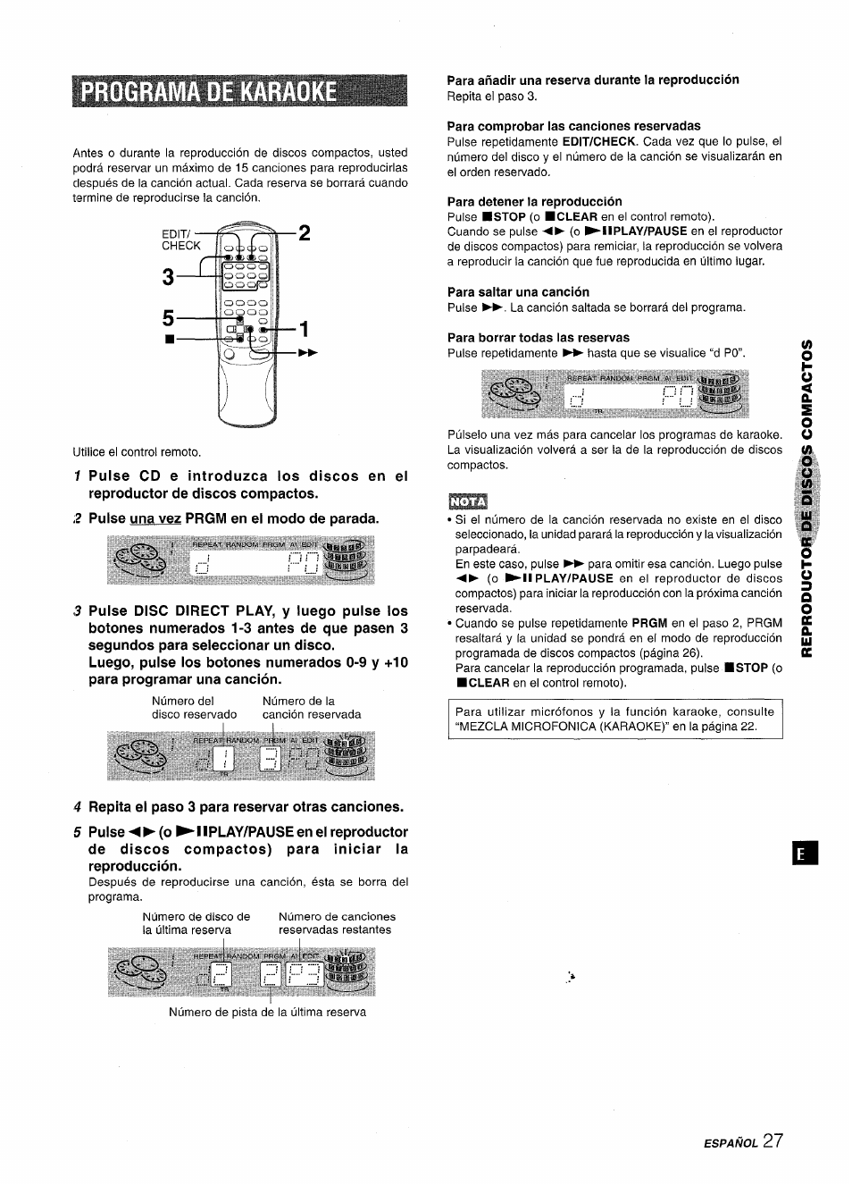 Programa, Para añadir una reserva durante la reproducción, Para comprobar las canciones reservadas | Para detener la reproducción, Para saltar una canción, Para borrar todas las reservas | Aiwa XR-MT1000 User Manual | Page 65 / 116