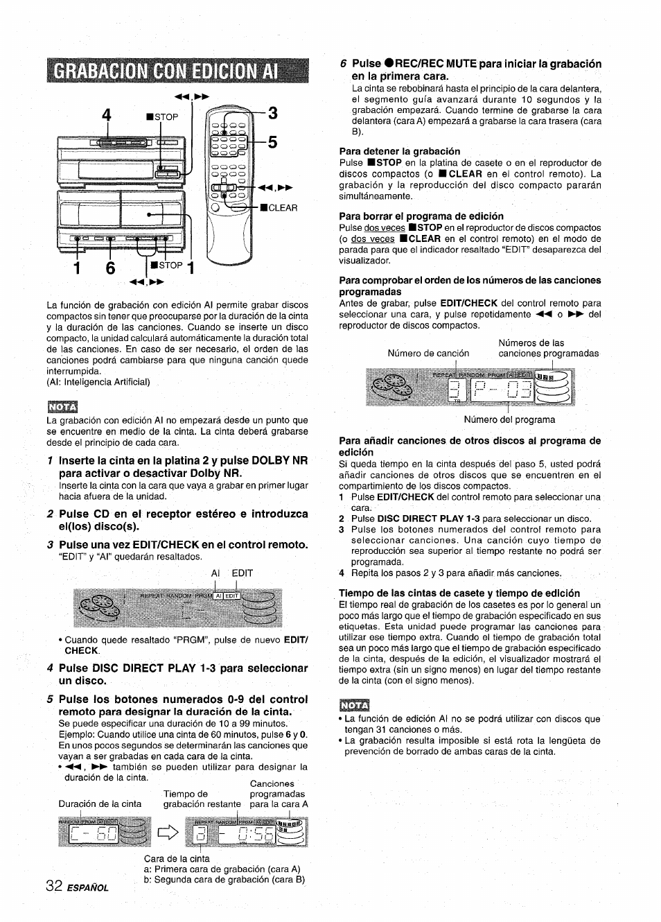 Grabacion con edicion a, Para borrar el programa de edición, Tiempo de las cintas de casete y tiempo de edición | Grabacion con edicion al | Aiwa XR-MT1000 User Manual | Page 70 / 116