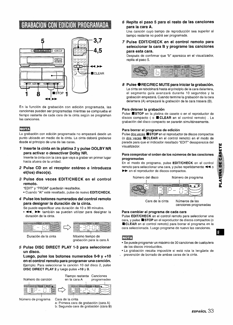 Grabacion con edicion programada, Para detener la grabación, Para borrar el programa de edición | Aiwa XR-MT1000 User Manual | Page 71 / 116