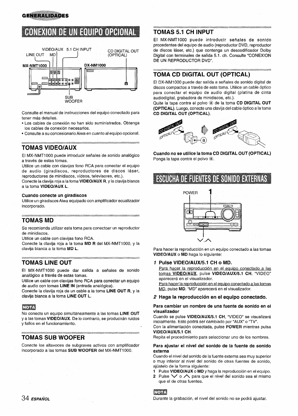 Tomas video/aux, Cuando conecte un giradiscos, Tomas md | Tomas line out, Tomas sub woofer, Tomas 5.1 ch input, Toma cd digital out (optical), 1 pulse video/aux/5.1 ch o md, 2 haga la reproducción en el equipo conectado, E un equipo opcional | Aiwa XR-MT1000 User Manual | Page 72 / 116