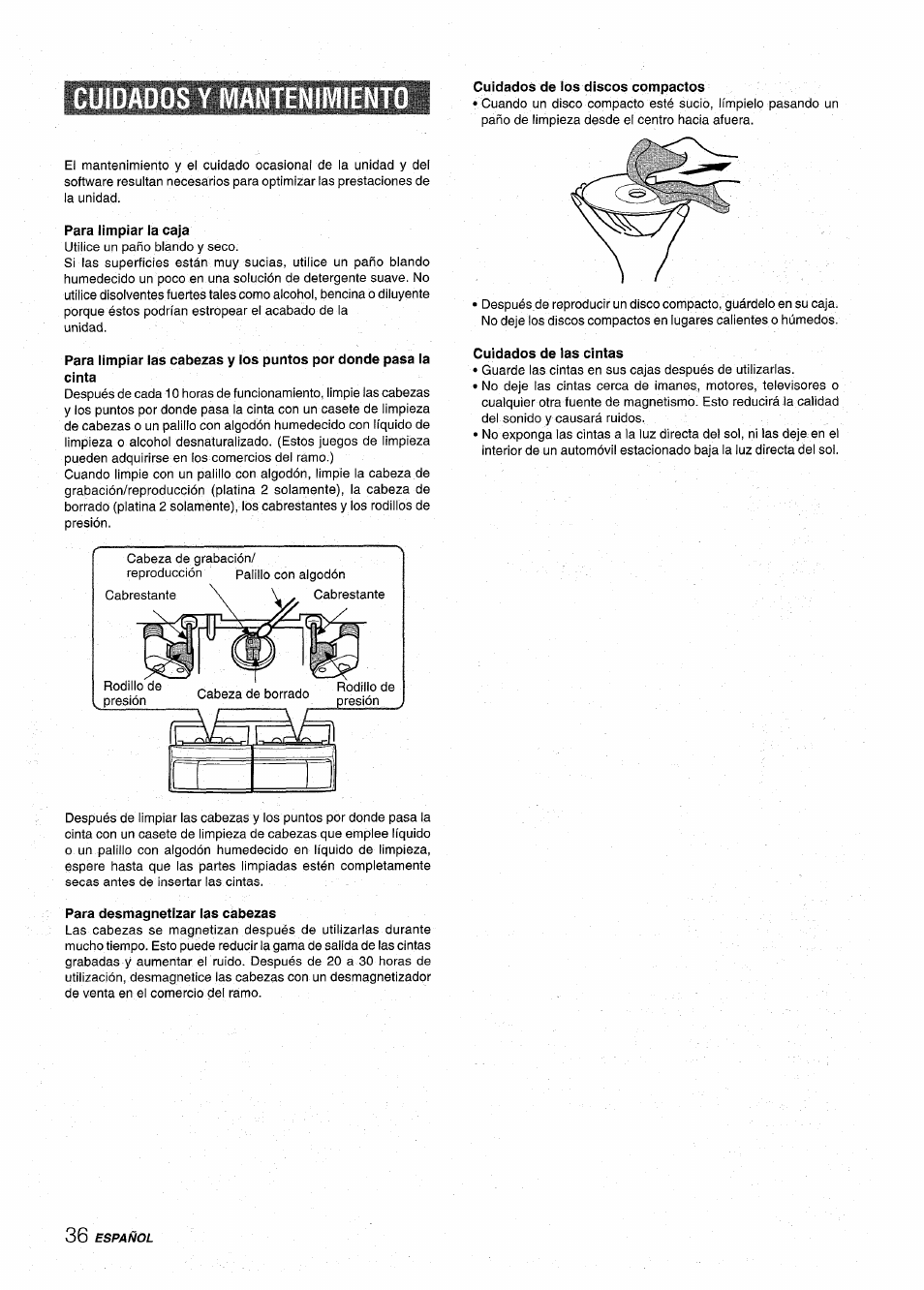 Cuidados y mantenimiento, Para limpiar la caja, Cuidados de los discos compactos | Cuidados de las cintas, Para desmagnetizar las cabezas | Aiwa XR-MT1000 User Manual | Page 74 / 116