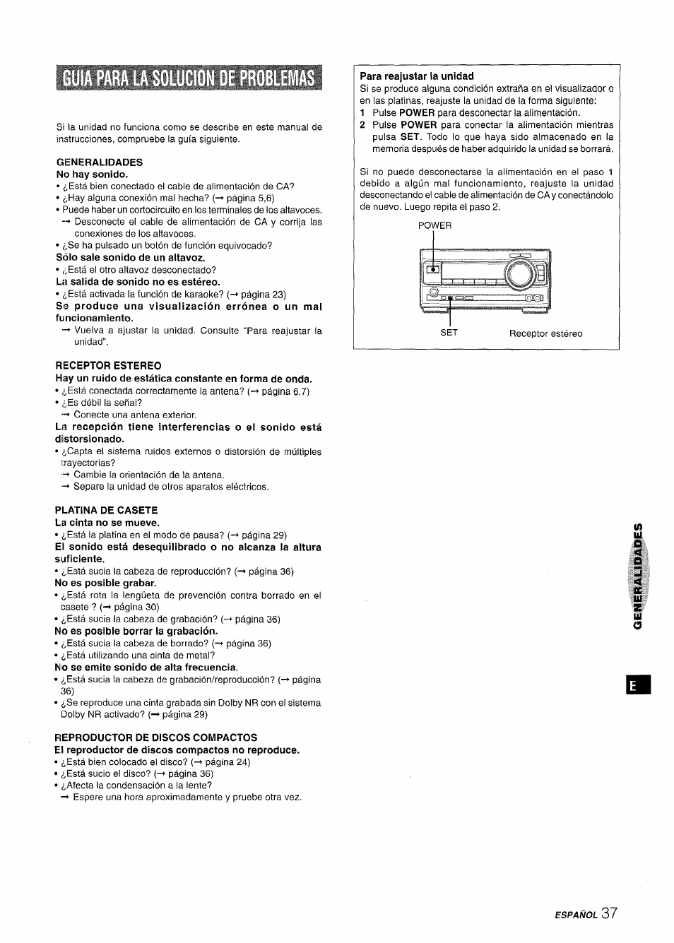 Guia para la solucion oe problemas, Generalidades no hay sonido, Receptor estereo | Para reajustar la unidad, Platina de casete la cinta no se mueve, Guia para la solucion de problemas | Aiwa XR-MT1000 User Manual | Page 75 / 116