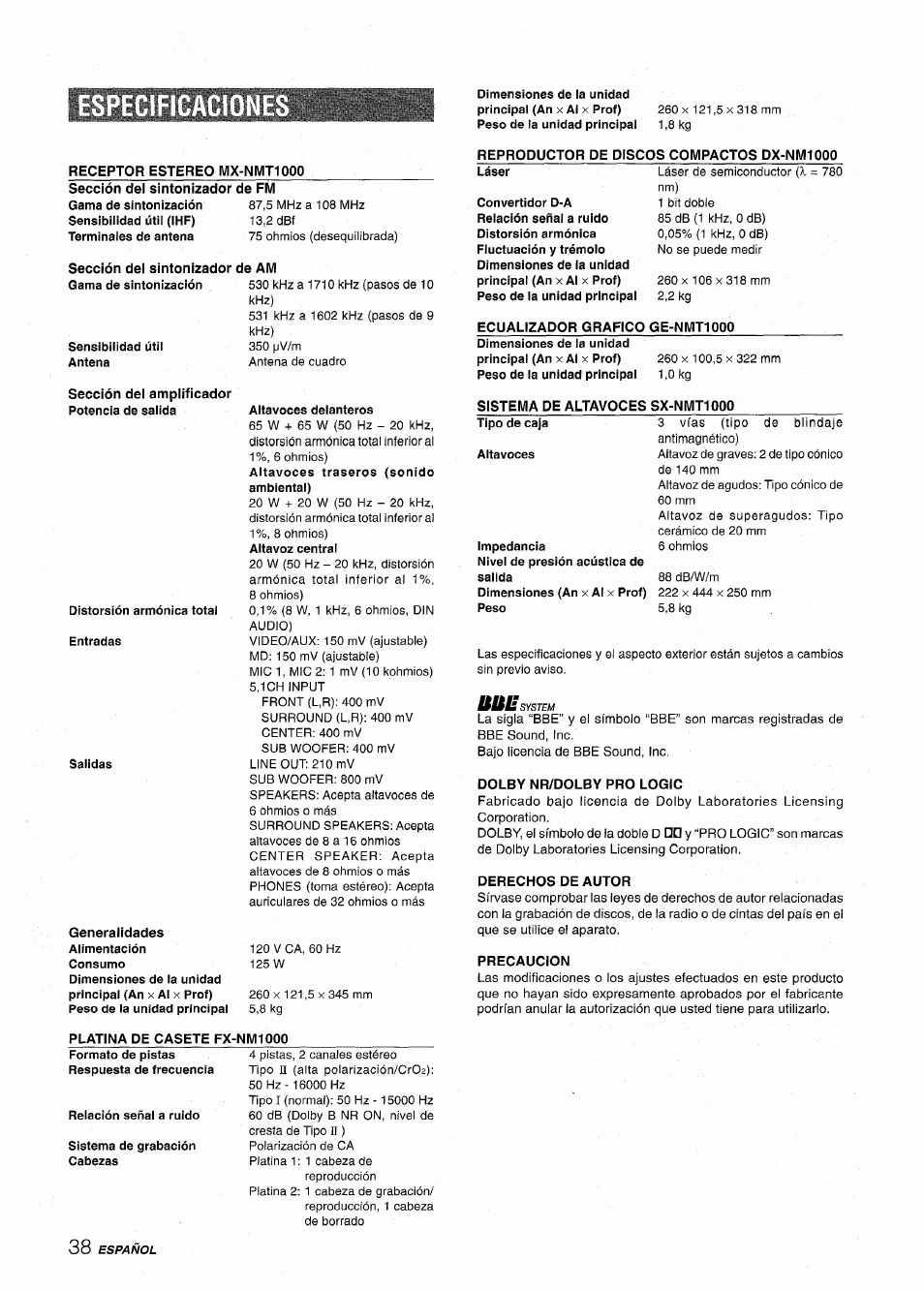 Receptor estereo wix-nwit1000, Sección del sintonizador de fm, Sección del sintonizador de am | Sección del amplificador potencia de salida, Generalidades, Platina de casete fx-nm1000, Dolby nr/dolby pro logic, Derechos de autor, Precaucion | Aiwa XR-MT1000 User Manual | Page 76 / 116