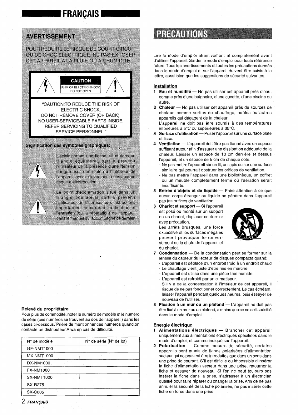 Français, Avertissement, Caution | Siqnificntion des symboles graphiques, Relevé du propriétaire, Installation, Energie électrique | Aiwa XR-MT1000 User Manual | Page 78 / 116