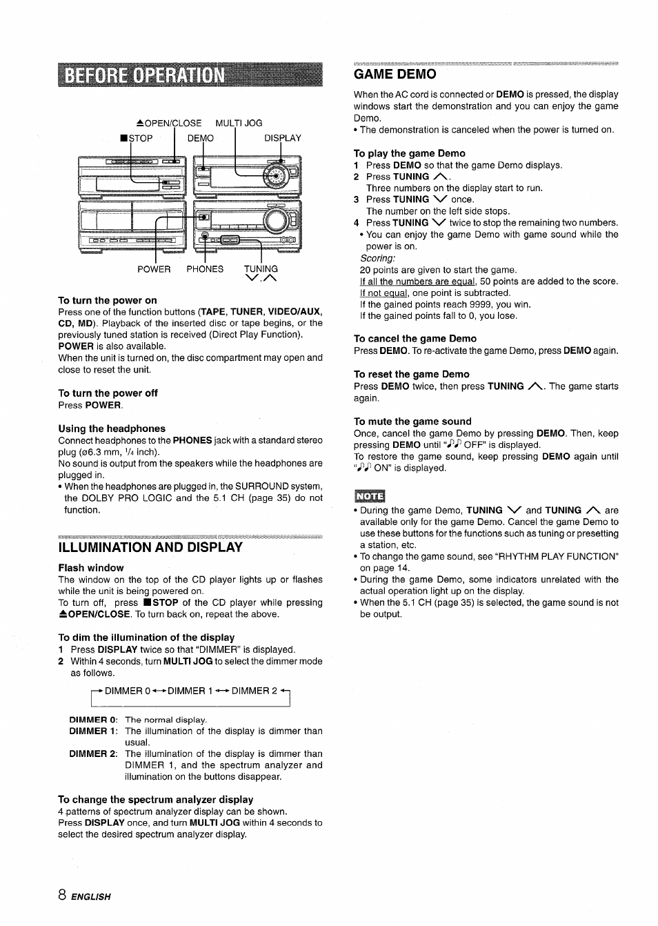 Game demo, Illumination and display, To change the spectrum analyzer display | Aiwa XR-MT1000 User Manual | Page 8 / 116