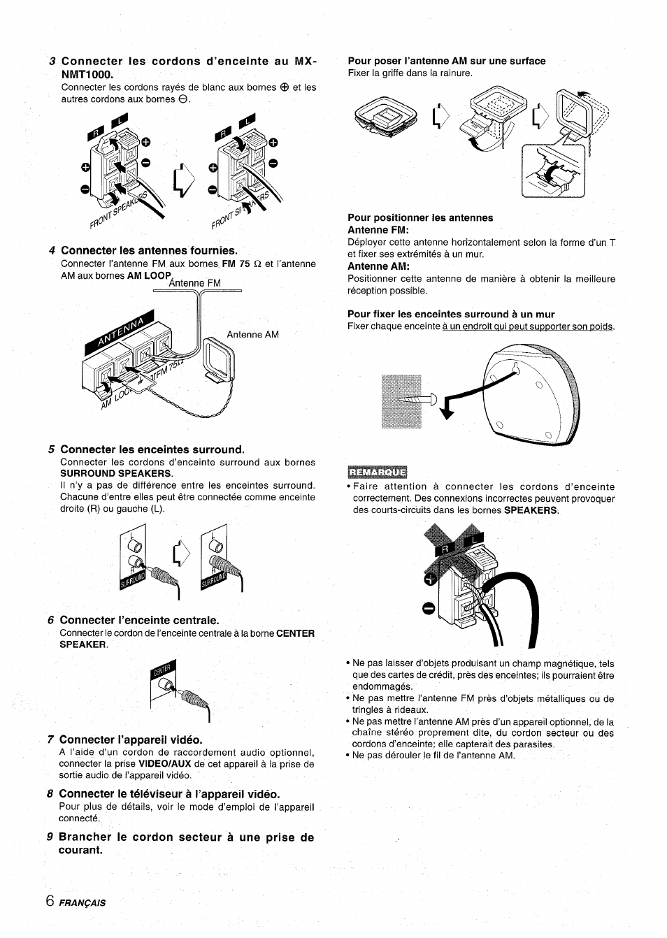 3 connecter les cordons d’enceinte au mx- nmt1000, 4 connecter les antennes fournies, 5 connecter les enceintes surround | 6 connecter l’enceinte centrale, 7 connecter l’appareil vidéo, 8 connecter le téléviseur à l’appareil vidéo, Pour poser l’antenne am sur une surface, Antenne fm, Pour fixer les enceintes surround à un mur | Aiwa XR-MT1000 User Manual | Page 82 / 116