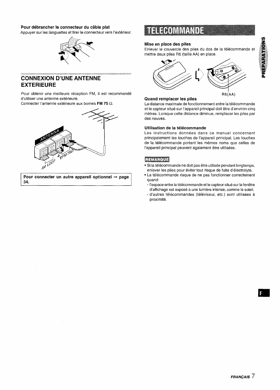 Pour débrancher le connecteur du câble plat, Connexion d’une antenne exterieure, Telecomm | Mise en place des piles, Quand remplacer les piles, Utilisation de la télécommande | Aiwa XR-MT1000 User Manual | Page 83 / 116