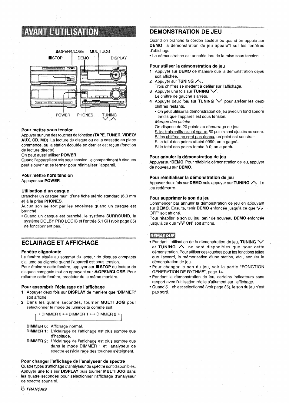 Pour mettre sous tension, Pour mettre hors tension, Utilisation d’un casque | Demonstration de jeu, Pour utiliser la démonstration de jeu, Pour annuler la démonstration de jeu, Pour réinitialiser la démonstration de jeu, Pour supprimer le son du jeu, Eclairage et affichage, Pour assombrir l’éclairage de l’affichage | Aiwa XR-MT1000 User Manual | Page 84 / 116