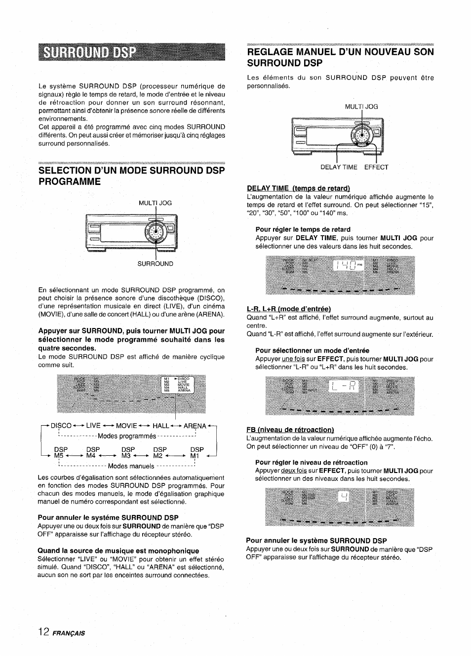 Surroun, Selection d’un mode surround dsp programme, Reglage manuel d’un nouveau son surround dsp | Delay time (temps de retard), Pour régler le temps de retard, L-r. l+r fmode d’entrée), Pour sélectionner un mode d’entrée, Fb fniveau de rétroaction), Pour régler le niveau de rétroaction, Pour annuler le système surround dsp | Aiwa XR-MT1000 User Manual | Page 88 / 116