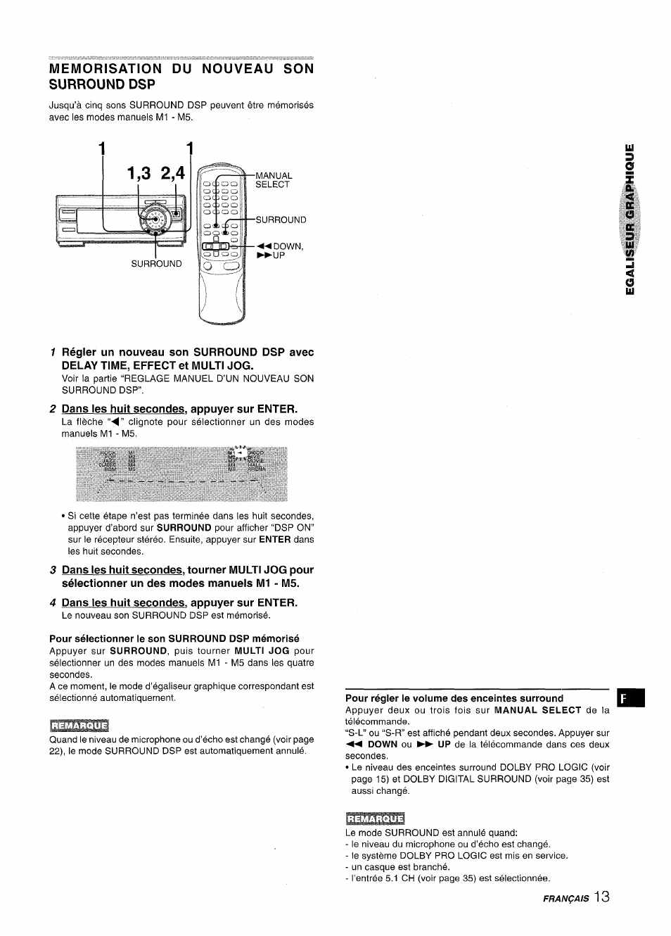 Memorisation surround dsp, 2 dans les huit secondes, appuyer sur enter, 4 dans les huit secondes, appuyer sur enter | Pour sélectionner le son surround dsp mémorisé, 1 ,3 2,4 №p | Aiwa XR-MT1000 User Manual | Page 89 / 116