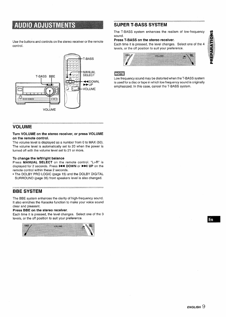 Super t-bass system, Volume, To change the left/right balance | Bbe system | Aiwa XR-MT1000 User Manual | Page 9 / 116