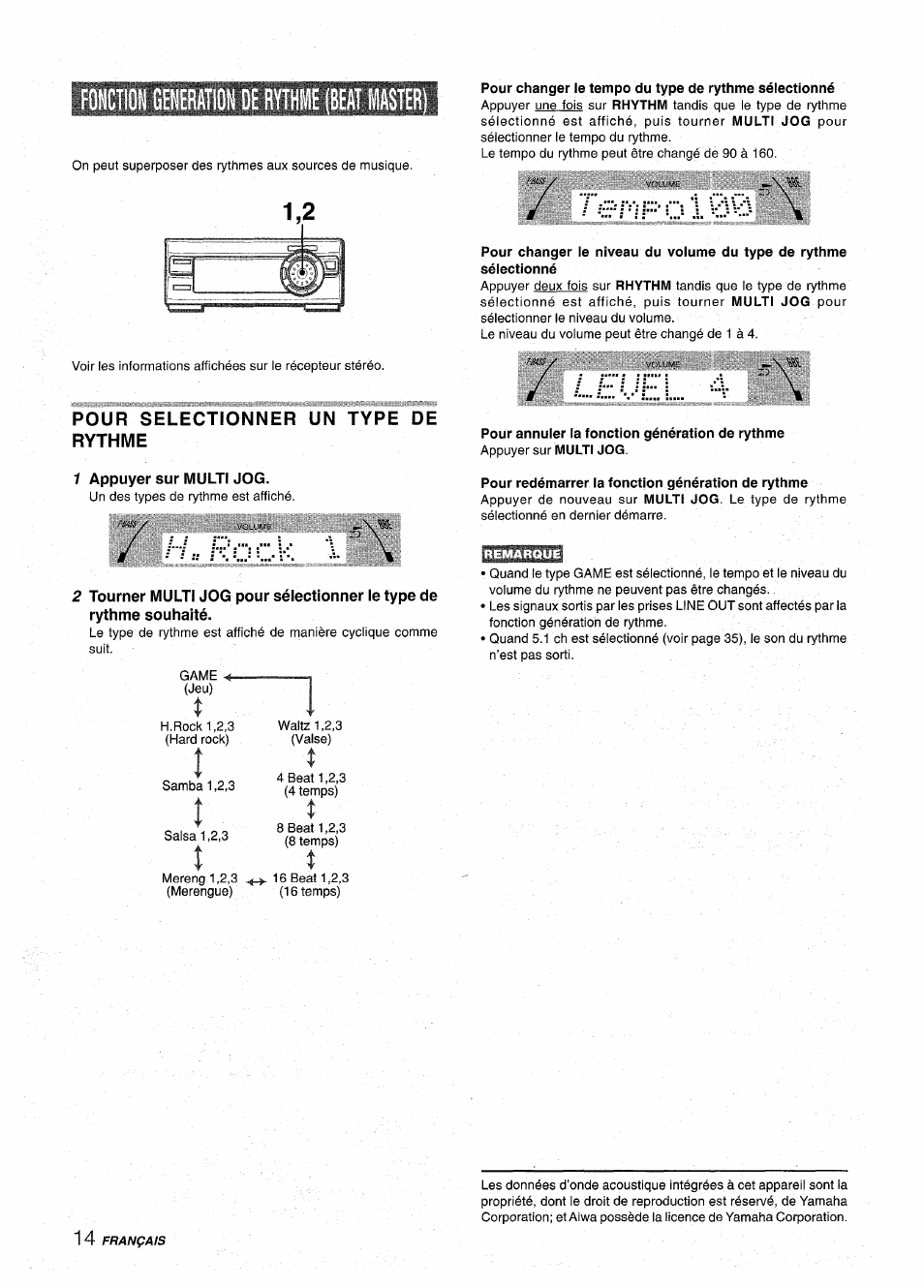 Fonction generation oe rythme (beat master), Pour selectionner un type de rythme, 1 appuyer sur multi jog | Pour annuler la fonction génération de rythme, Pour redémarrer la fonction génération de rythme | Aiwa XR-MT1000 User Manual | Page 90 / 116