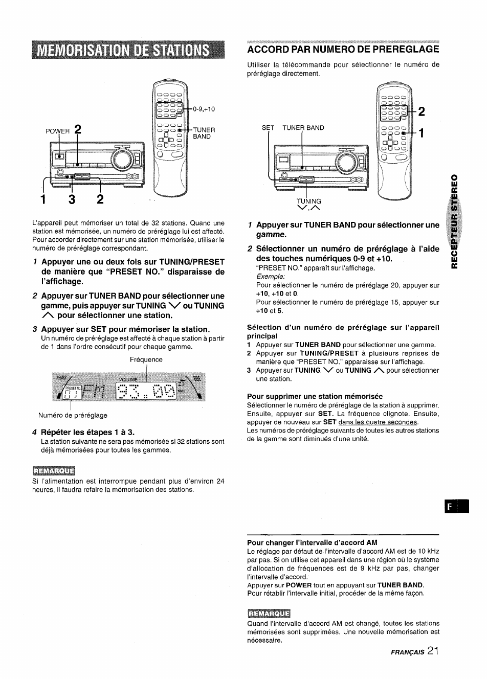 Memorisation oe station, Accord par numero de prereglage, Pour supprimer une station mémorisée | Pour changer l’intervalle d’accord am, Memorisation de stations | Aiwa XR-MT1000 User Manual | Page 97 / 116