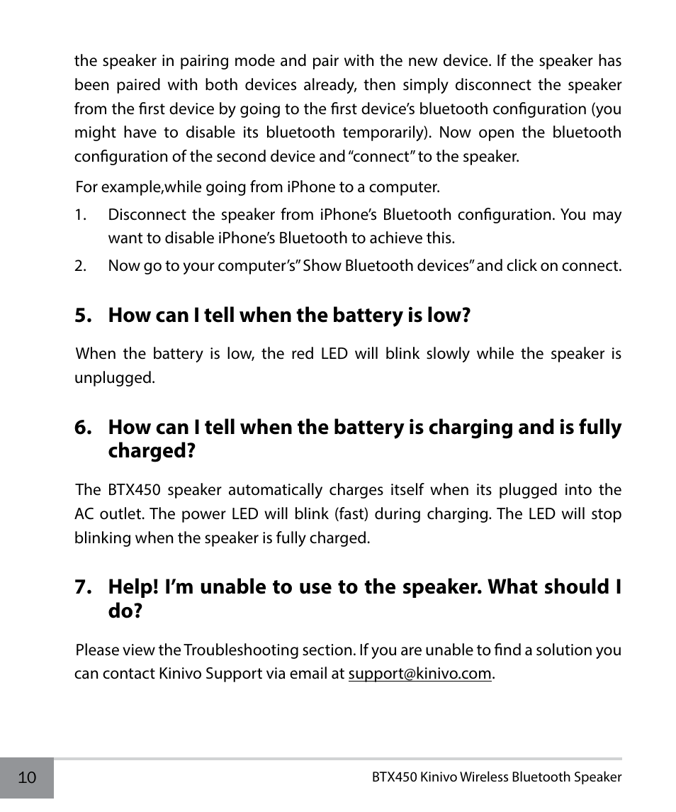 How can i tell when the battery is low | Kinivo BTX450 Wireless Bluetooth Speaker EN User Manual | Page 10 / 16