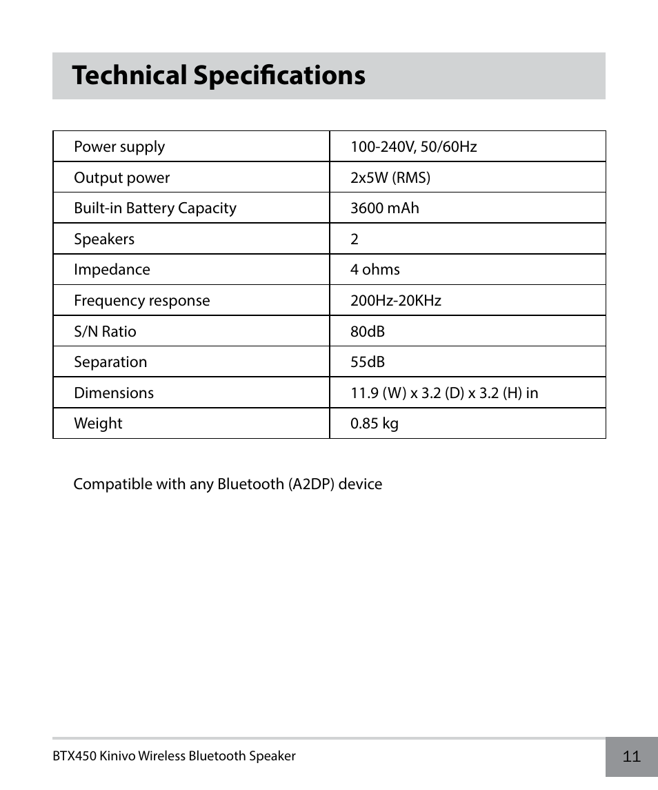 Technical specifications | Kinivo BTX450 Wireless Bluetooth Speaker EN User Manual | Page 11 / 16