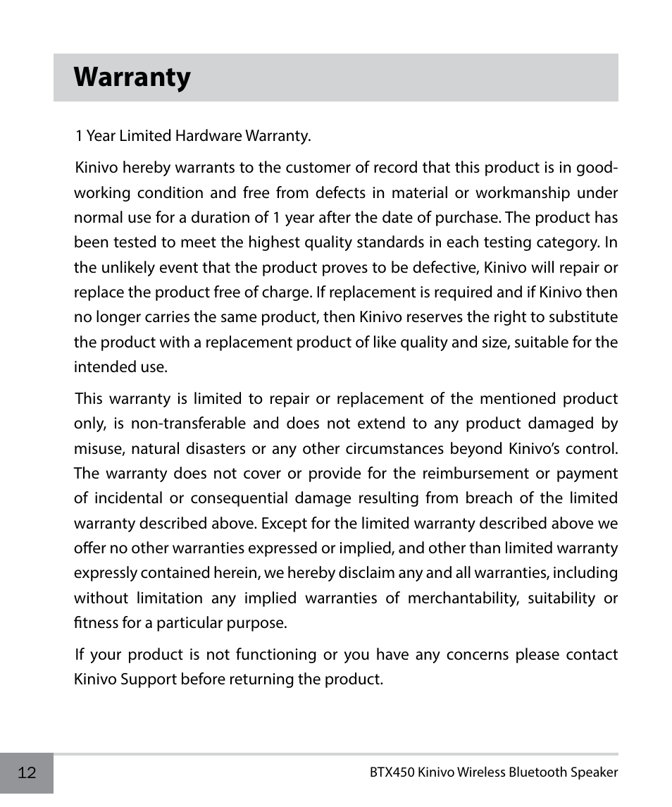 Warranty | Kinivo BTX450 Wireless Bluetooth Speaker EN User Manual | Page 12 / 16