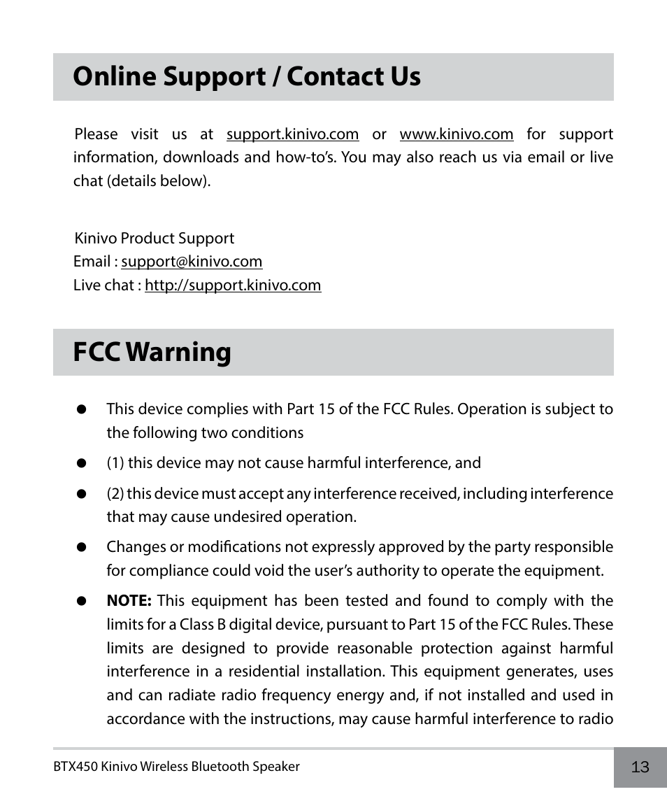 Online support / contact us, Fcc warning | Kinivo BTX450 Wireless Bluetooth Speaker EN User Manual | Page 13 / 16