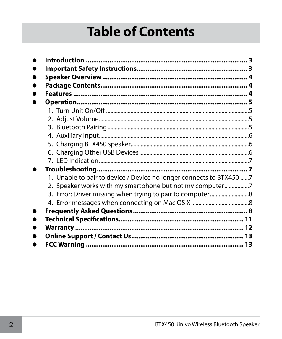 Kinivo BTX450 Wireless Bluetooth Speaker EN User Manual | Page 2 / 16