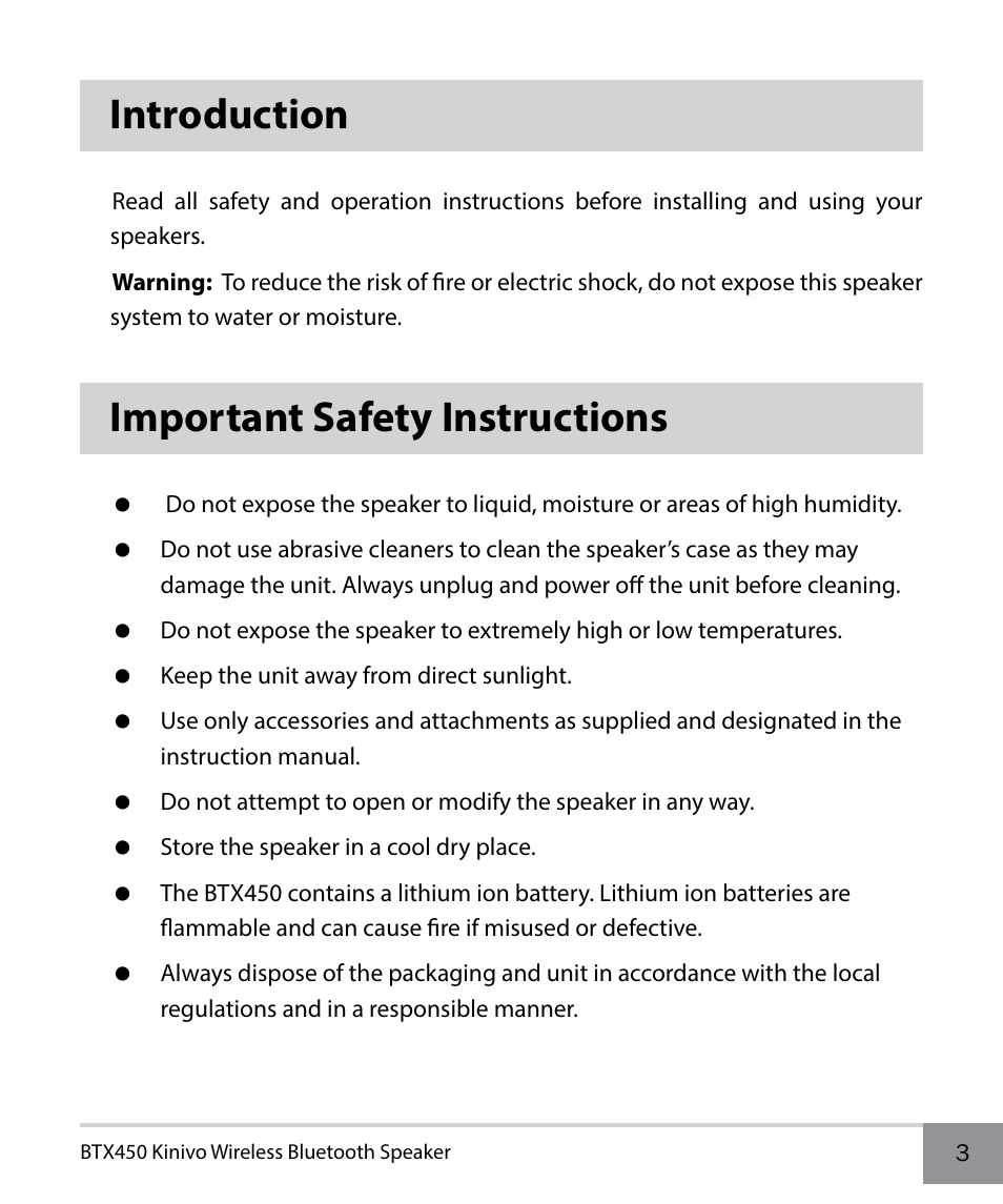 Introduction, Important safety instructions | Kinivo BTX450 Wireless Bluetooth Speaker EN User Manual | Page 3 / 16