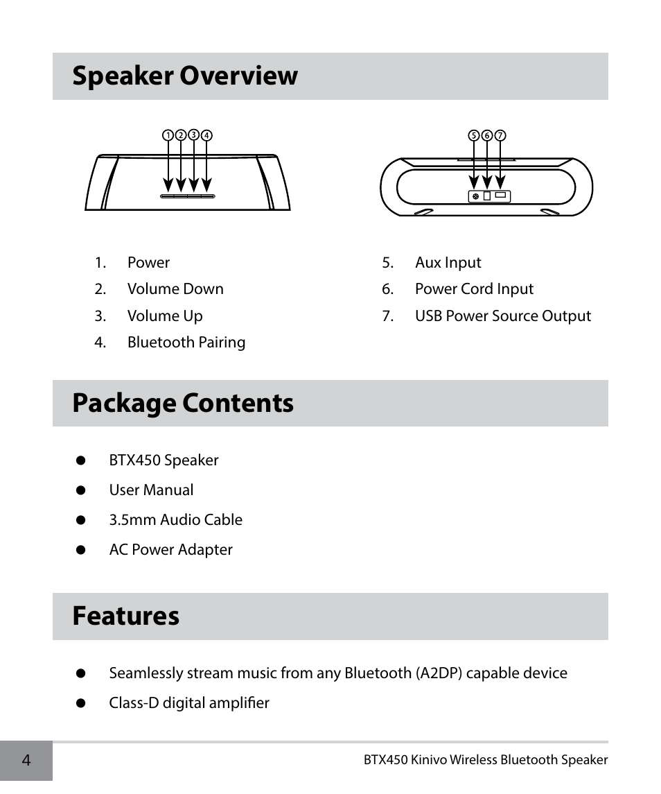 Speaker overview, Package contents, Features | Kinivo BTX450 Wireless Bluetooth Speaker EN User Manual | Page 4 / 16
