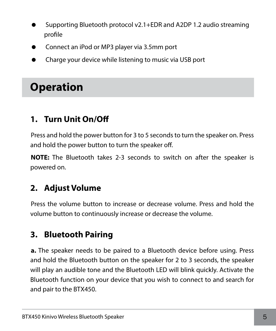 Operation, Turn unit on/off, Adjust volume | Bluetooth pairing | Kinivo BTX450 Wireless Bluetooth Speaker EN User Manual | Page 5 / 16