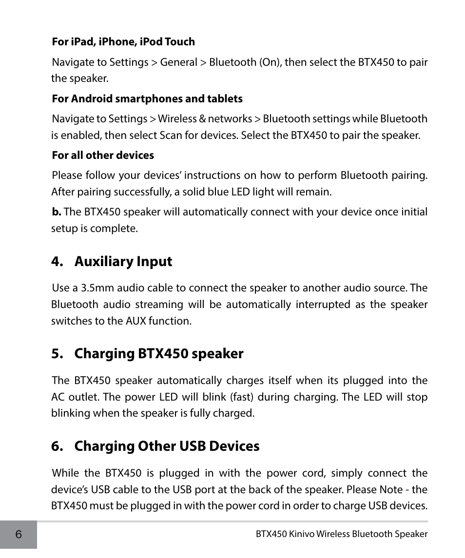 Auxiliary input, Charging btx450 speaker, Charging other usb devices | Kinivo BTX450 Wireless Bluetooth Speaker EN User Manual | Page 6 / 16