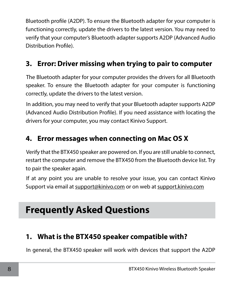 Error messages when connecting on mac os x, Frequently asked questions, What is the btx450 speaker compatible with | Kinivo BTX450 Wireless Bluetooth Speaker EN User Manual | Page 8 / 16