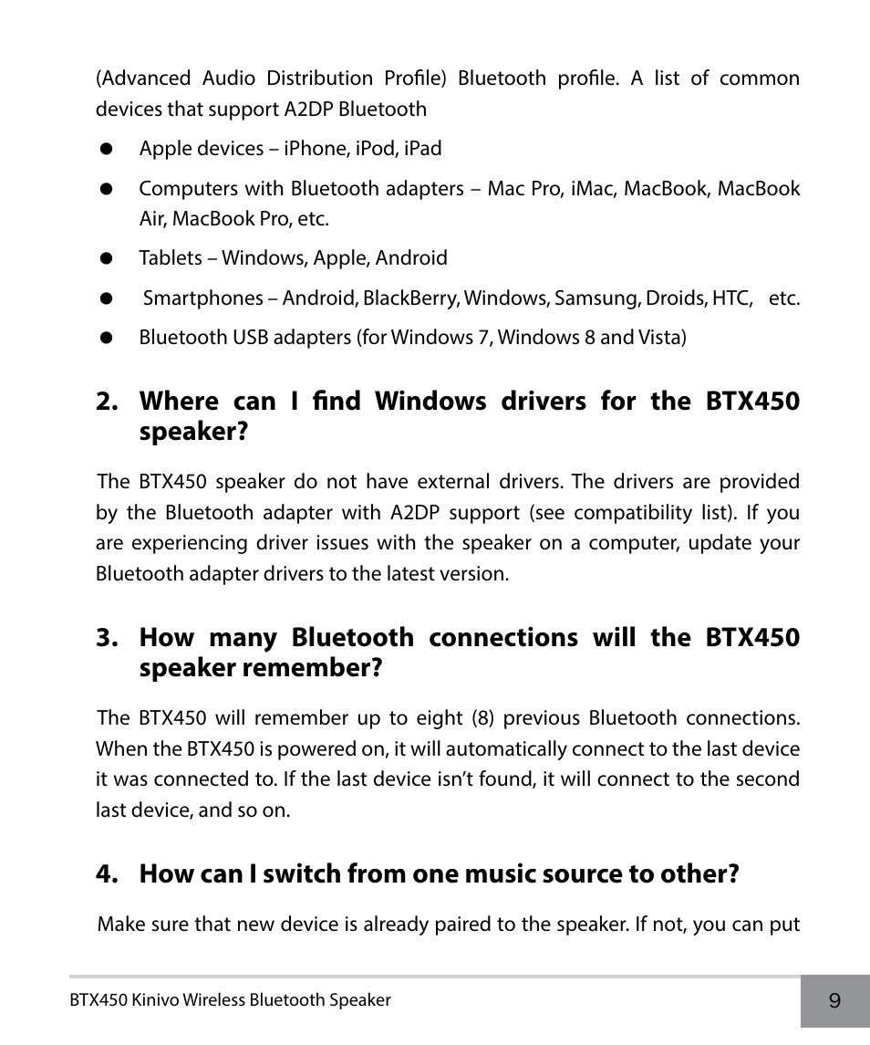 How can i switch from one music source to other | Kinivo BTX450 Wireless Bluetooth Speaker EN User Manual | Page 9 / 16
