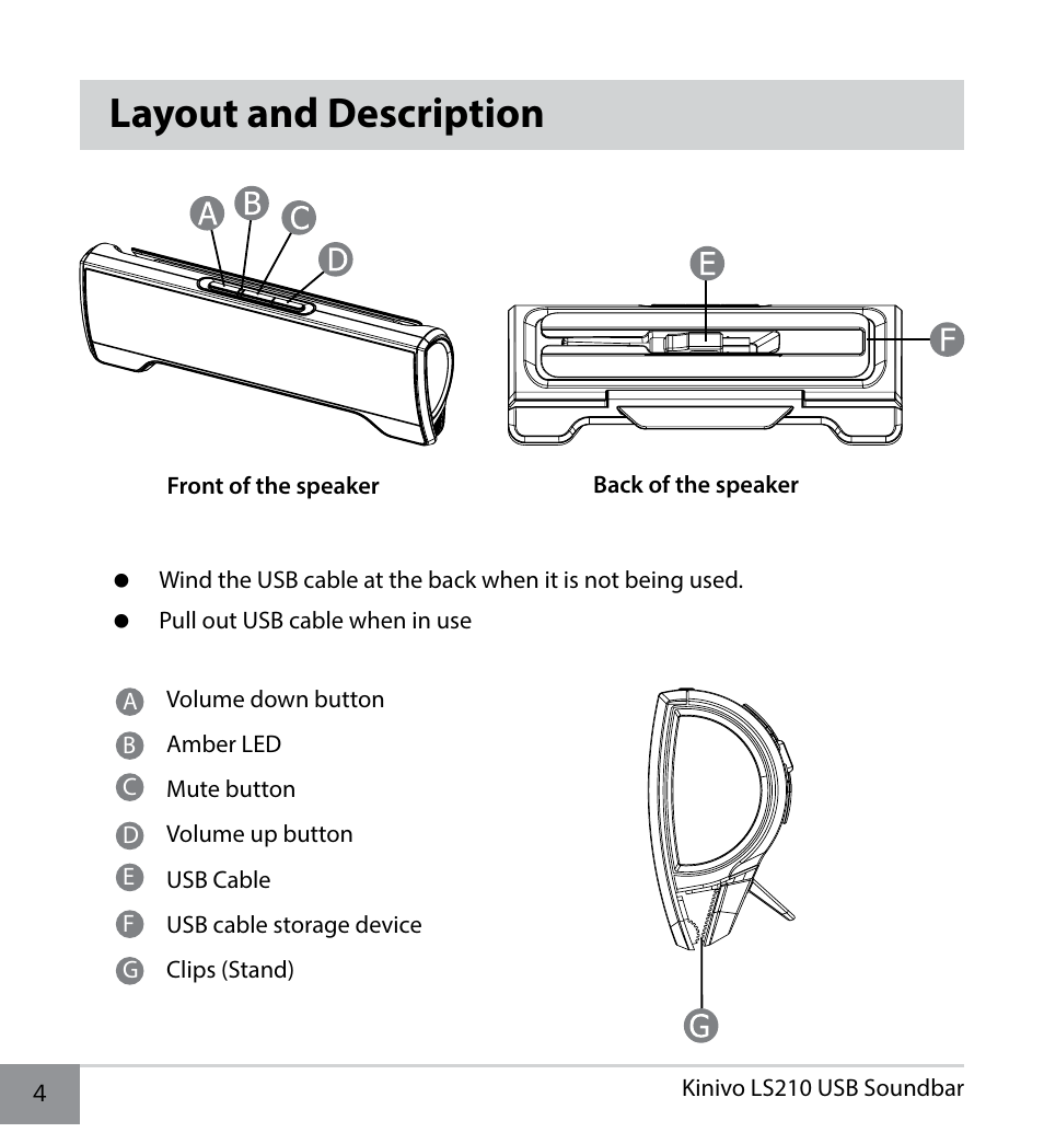 Layout and description | Kinivo LS210 Portable Laptop Speaker User Manual | Page 4 / 10