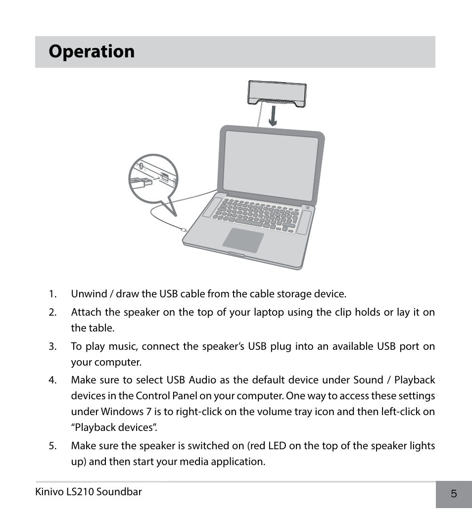 Operation | Kinivo LS210 Portable Laptop Speaker User Manual | Page 5 / 10