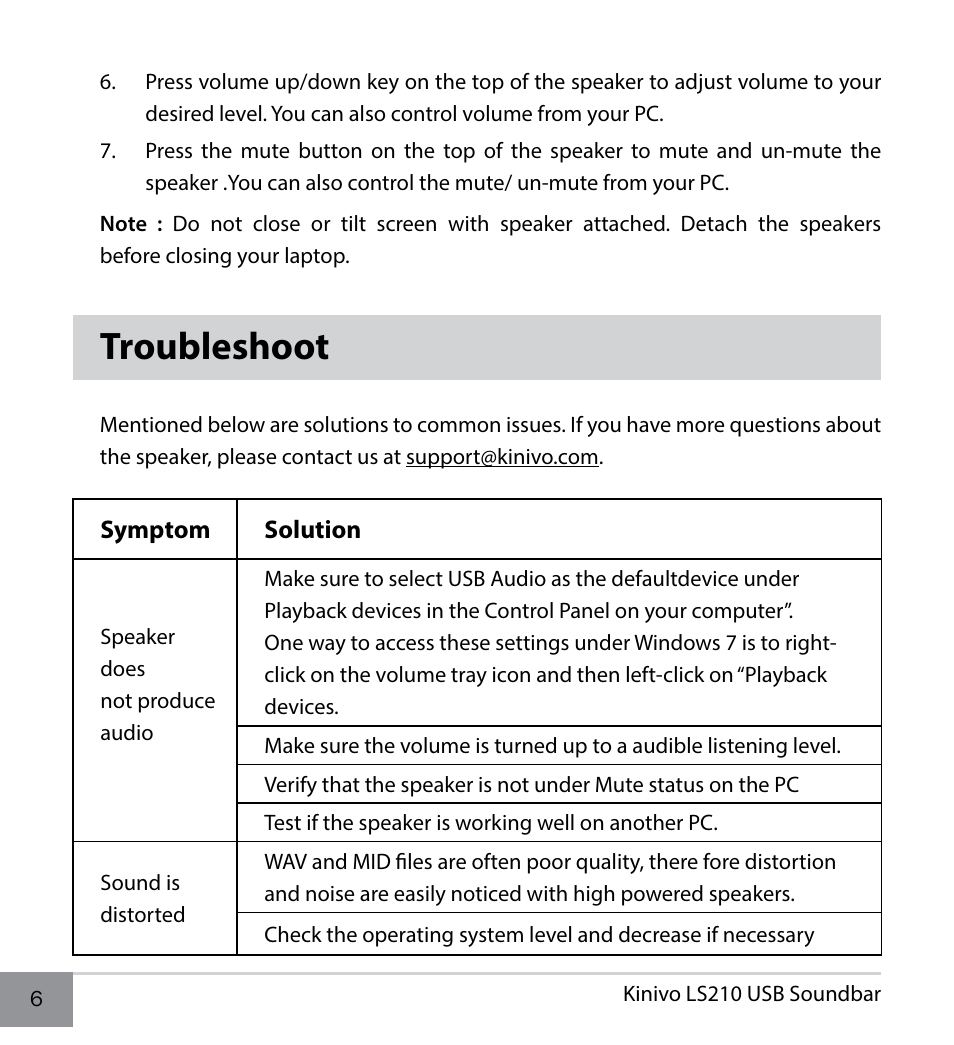 Troubleshoot | Kinivo LS210 Portable Laptop Speaker User Manual | Page 6 / 10
