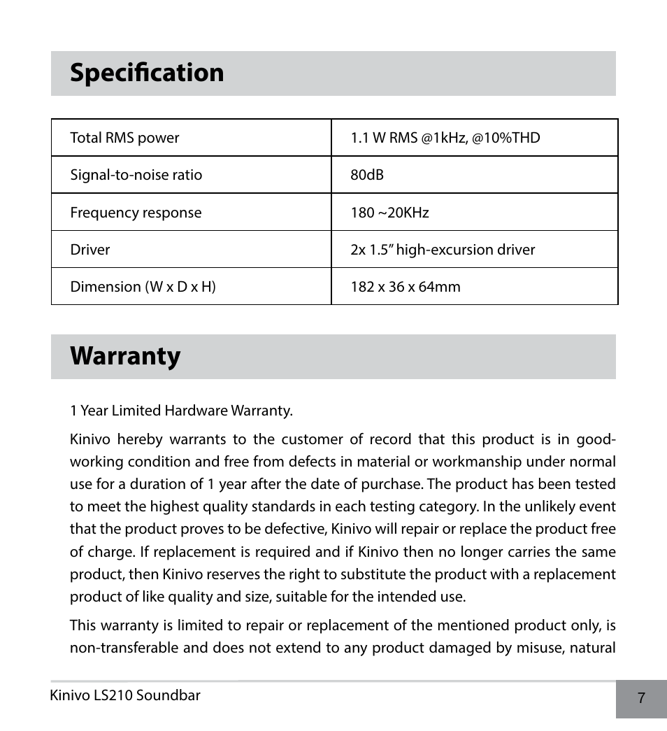 Specification, Warranty, Specification warranty | Kinivo LS210 Portable Laptop Speaker User Manual | Page 7 / 10