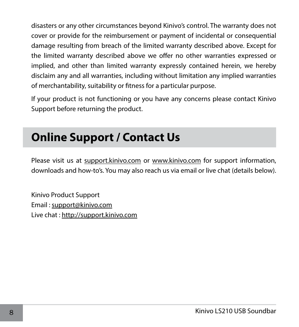 Online support / contact us | Kinivo LS210 Portable Laptop Speaker User Manual | Page 8 / 10