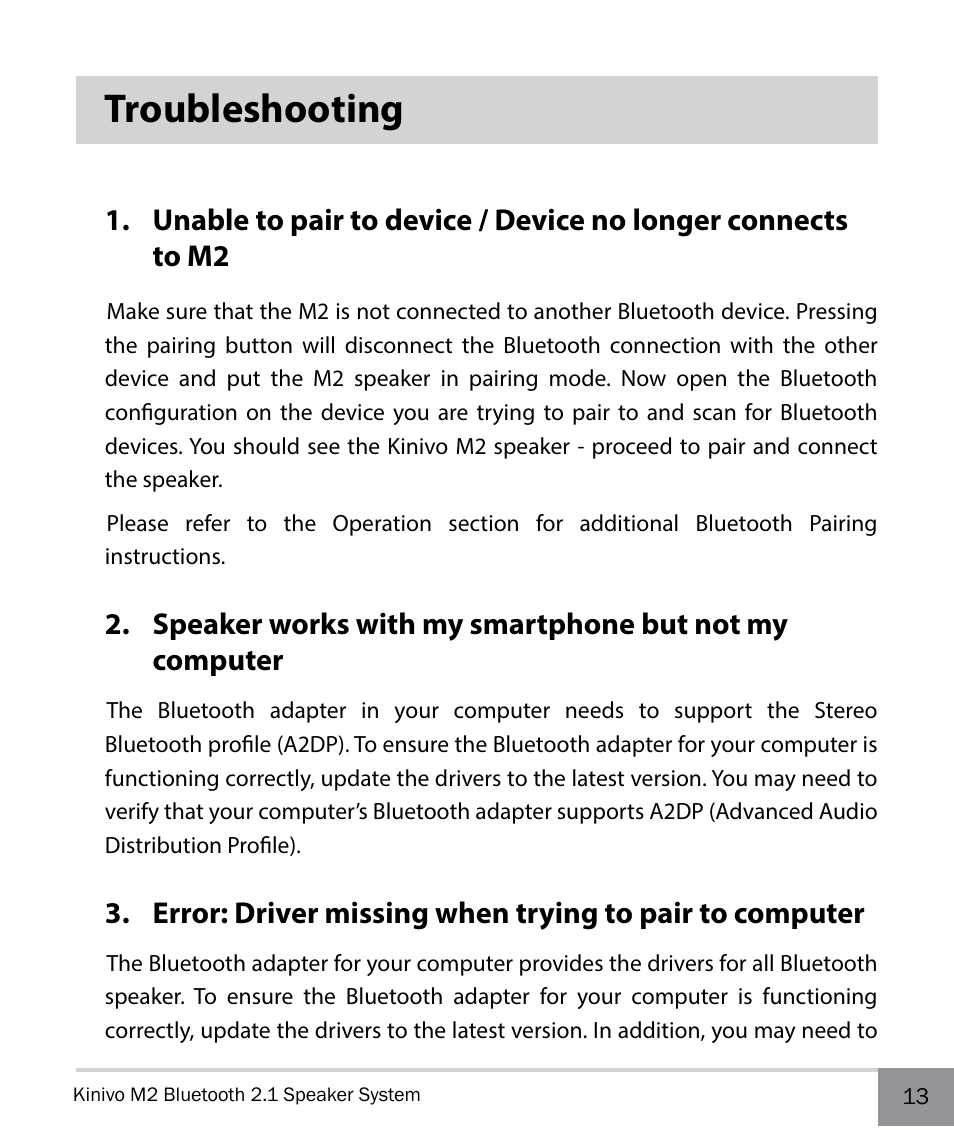 Troubleshooting | Kinivo M2 Bluetooth 2.1 Speaker system with NFC pairing User Manual | Page 13 / 20