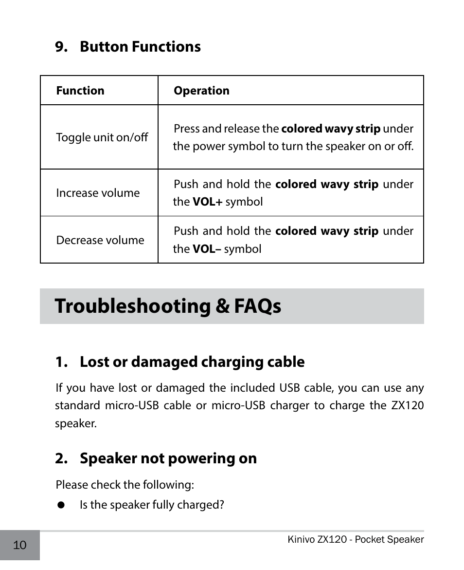 Button functions, Troubleshooting & faqs, Lost or damaged charging cable | Speaker not powering on | Kinivo ZX120 Mini Portable Wired Speaker User Manual | Page 10 / 14