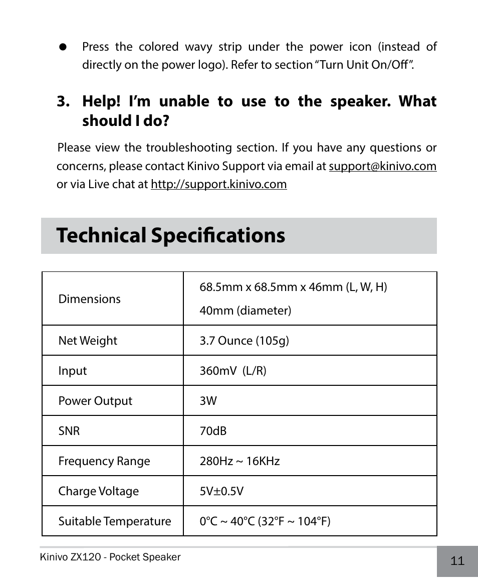 Technical specifications | Kinivo ZX120 Mini Portable Wired Speaker User Manual | Page 11 / 14