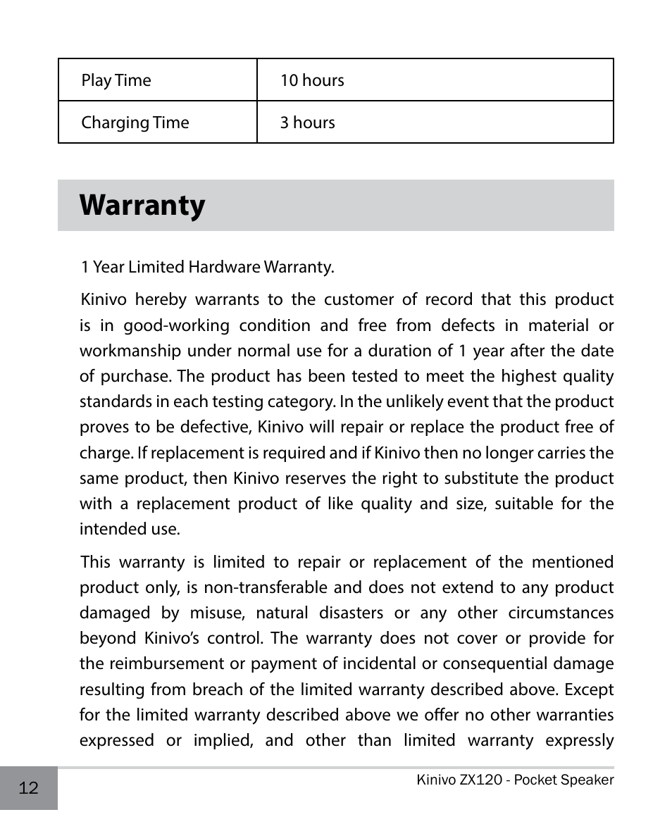 Warranty | Kinivo ZX120 Mini Portable Wired Speaker User Manual | Page 12 / 14