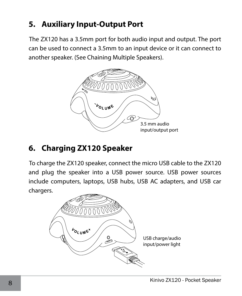 Auxiliary input-output port, Charging zx100 speaker, Charging zx120 speaker | Kinivo ZX120 Mini Portable Wired Speaker User Manual | Page 8 / 14