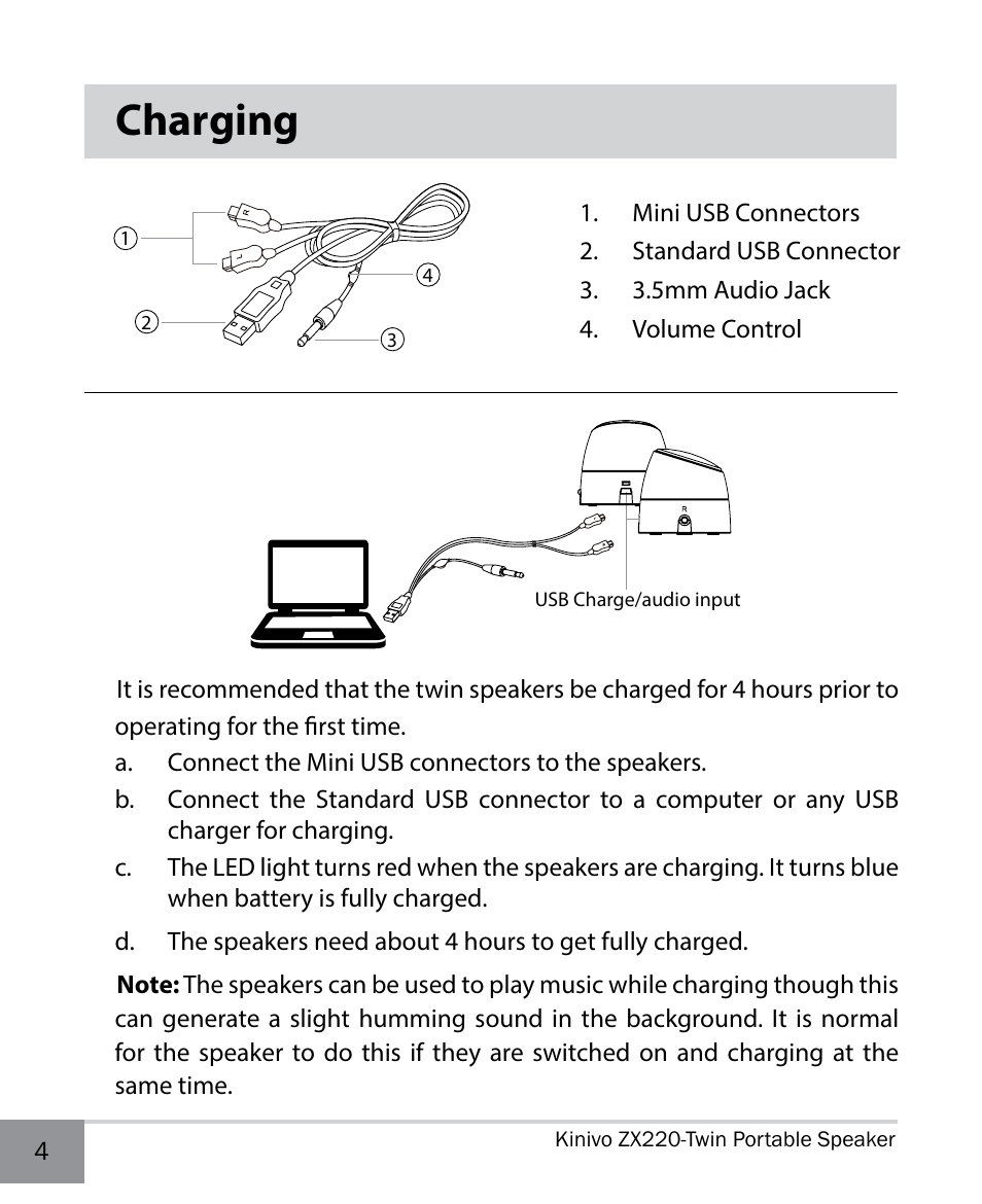 Charging | Kinivo ZX220 Portable Twin Speakers User Manual | Page 4 / 12