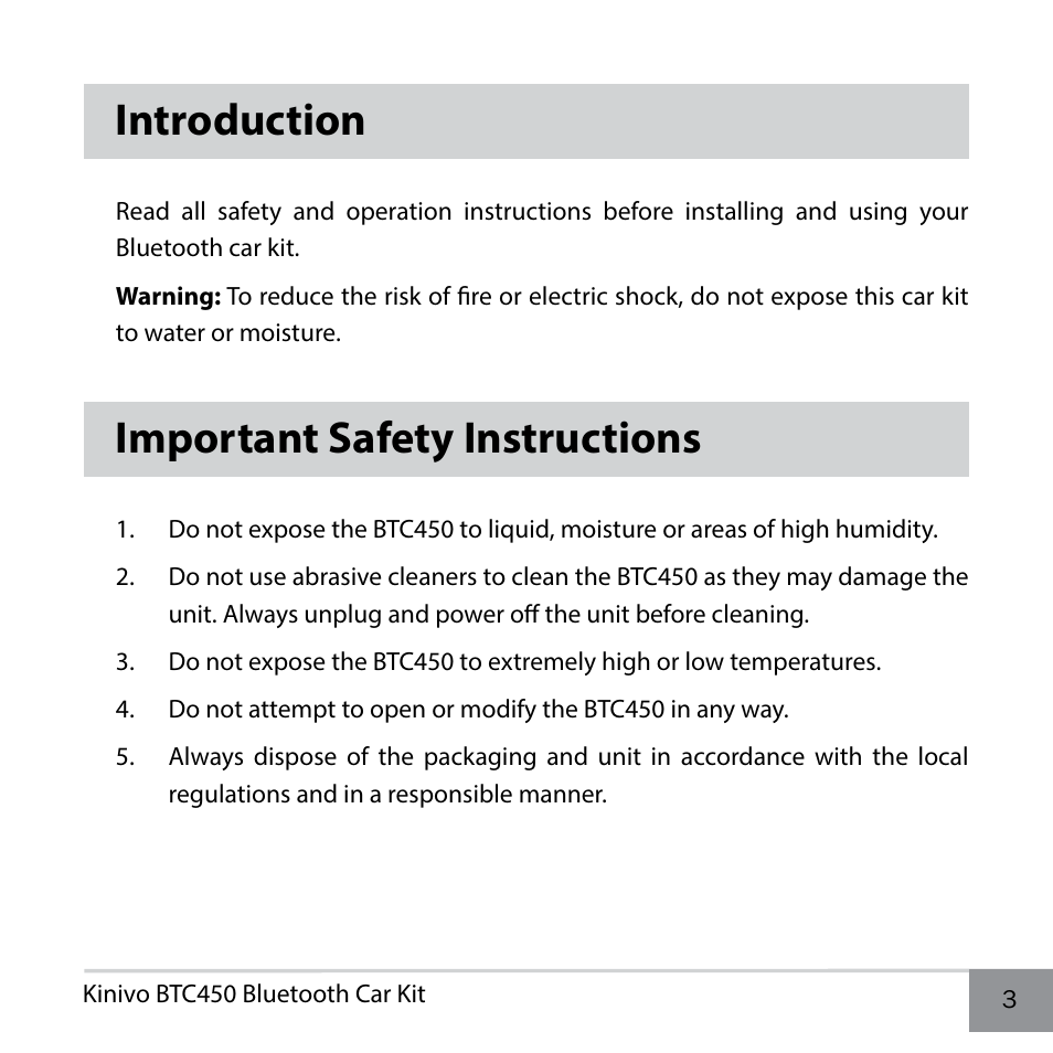 Introduction, Important safety instructions | Kinivo BTC450 Bluetooth Hands-Free Car Kit for Cars with Aux Input Jack EN User Manual | Page 3 / 14