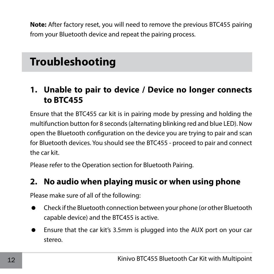Troubleshooting, No audio when playing music or when using phone | Kinivo BTC455 Bluetooth Hands-Free Car Kit for Cars with Aux Input Jack User Manual | Page 12 / 18