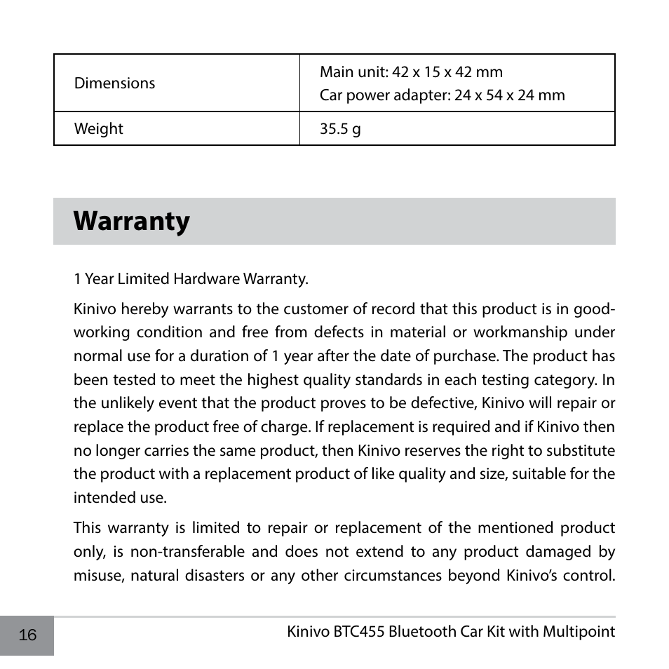 Warranty | Kinivo BTC455 Bluetooth Hands-Free Car Kit for Cars with Aux Input Jack User Manual | Page 16 / 18