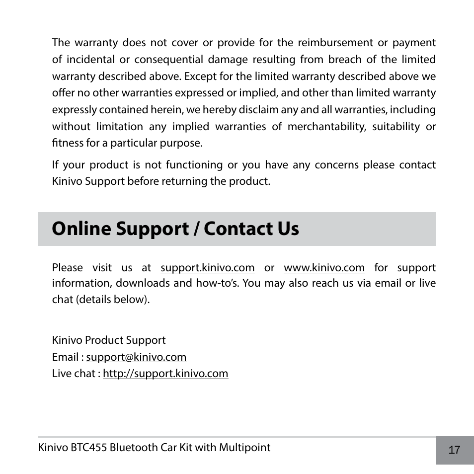 Online support / contact us | Kinivo BTC455 Bluetooth Hands-Free Car Kit for Cars with Aux Input Jack User Manual | Page 17 / 18