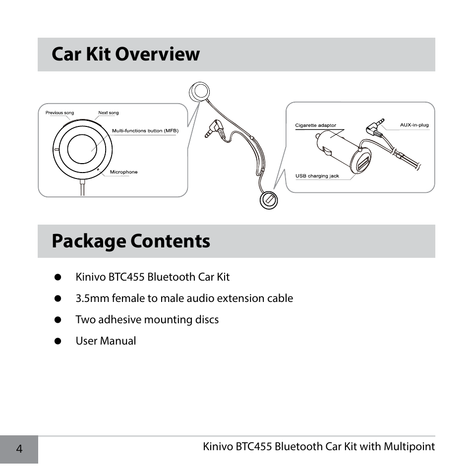 Car kit overview, Package contents, Car kit overview package contents | Kinivo BTC455 Bluetooth Hands-Free Car Kit for Cars with Aux Input Jack User Manual | Page 4 / 18