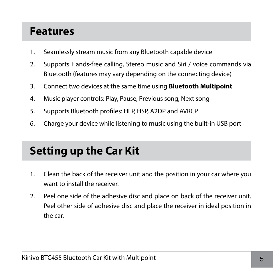Features, Setting up the car kit | Kinivo BTC455 Bluetooth Hands-Free Car Kit for Cars with Aux Input Jack User Manual | Page 5 / 18