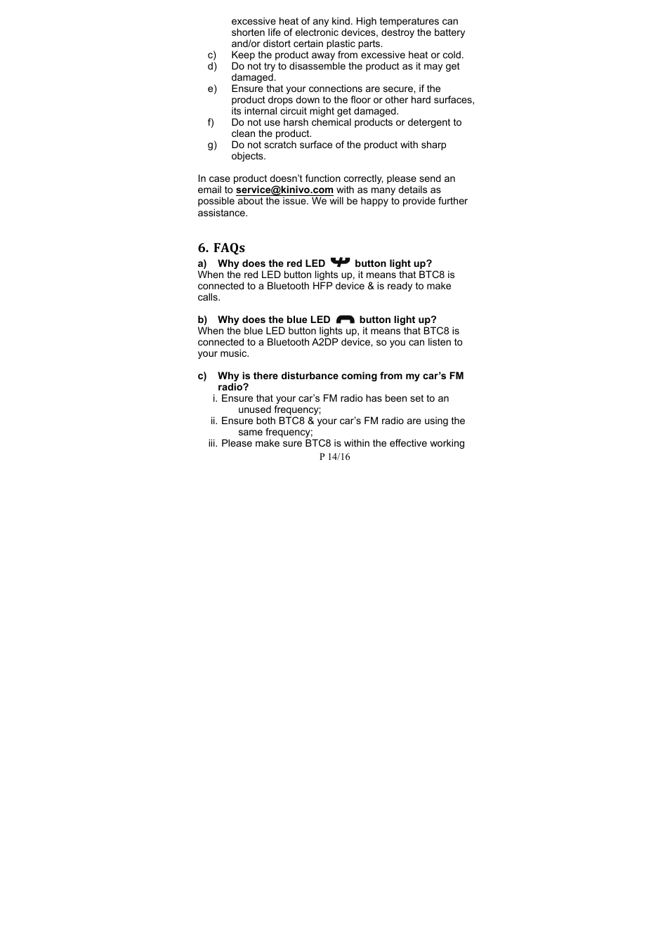 Faqs | Kinivo BTC8 Bluetooth FM Transmitter User Manual | Page 16 / 18