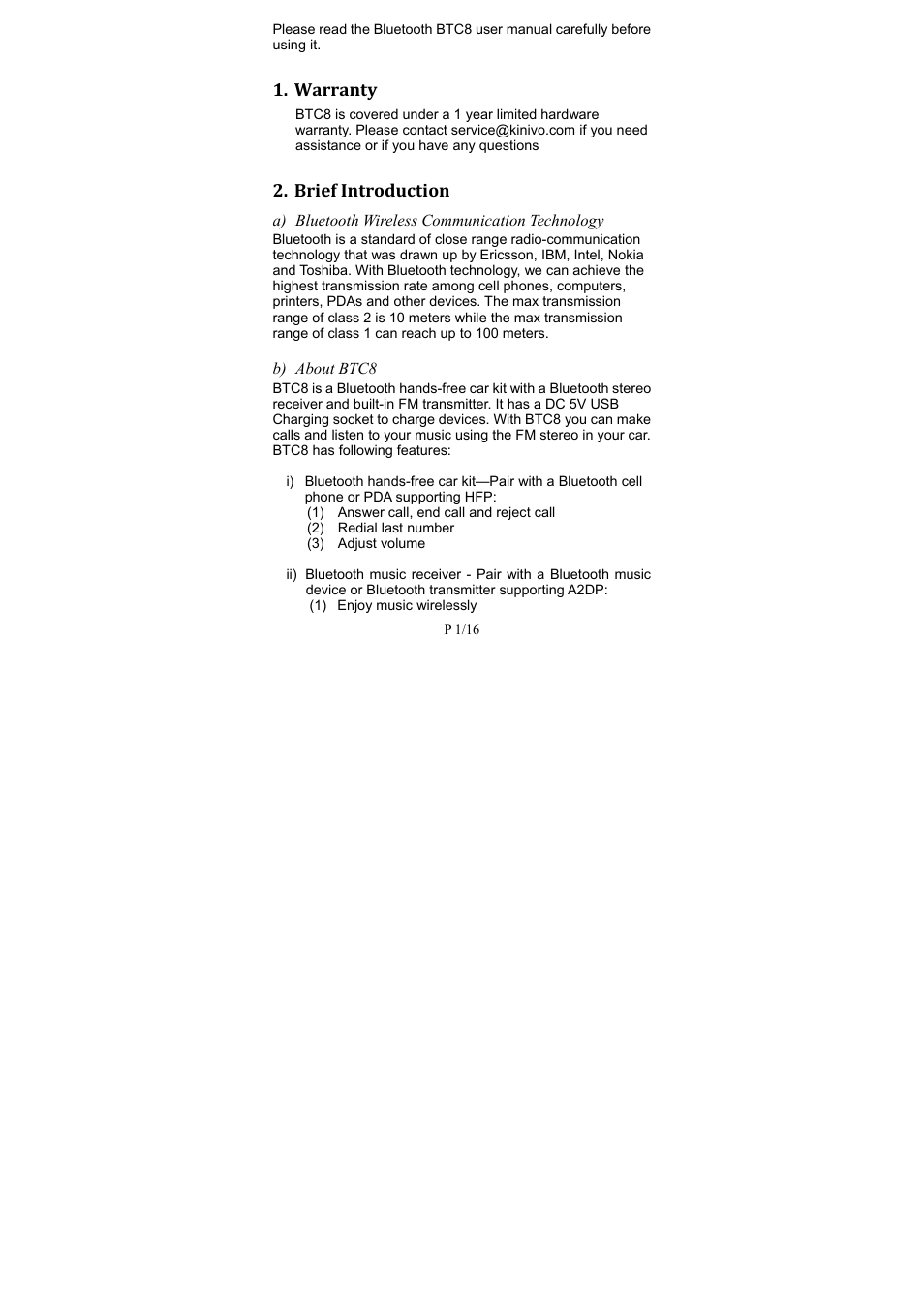 Warranty, Brief introduction | Kinivo BTC8 Bluetooth FM Transmitter User Manual | Page 3 / 18